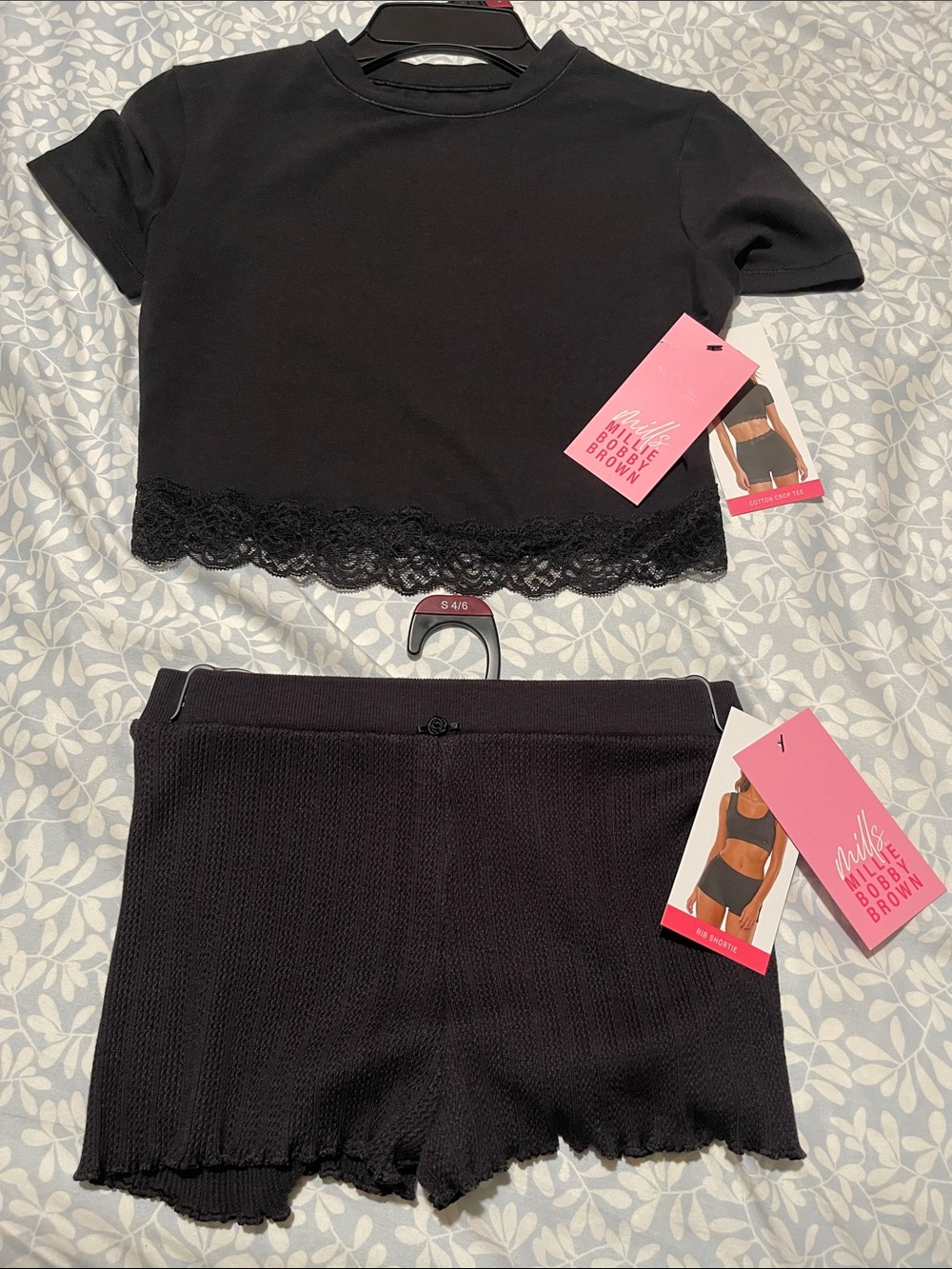 Mille by Bobby Brown Black Lace-Hem Crop Top & Knit Lounge Shorts Set